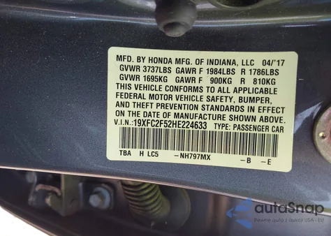 2017 Honda Civic Lx z USA, uszkodzony, nr VIN 19XFC2F52HE224633